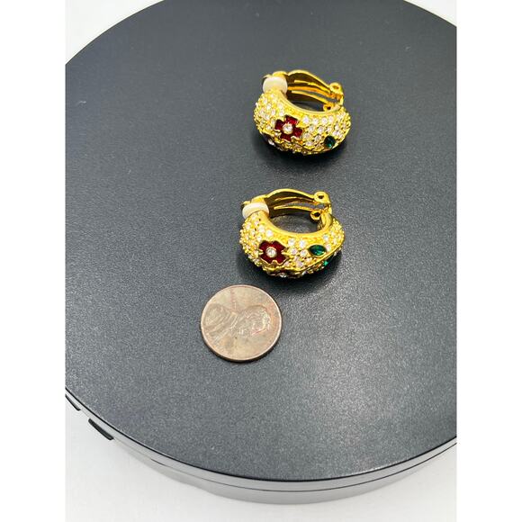 Joan Rivers Vintage Gold Plated Pave Red Rhinestone Flower Clip On Earrings - Picture 2 of 9